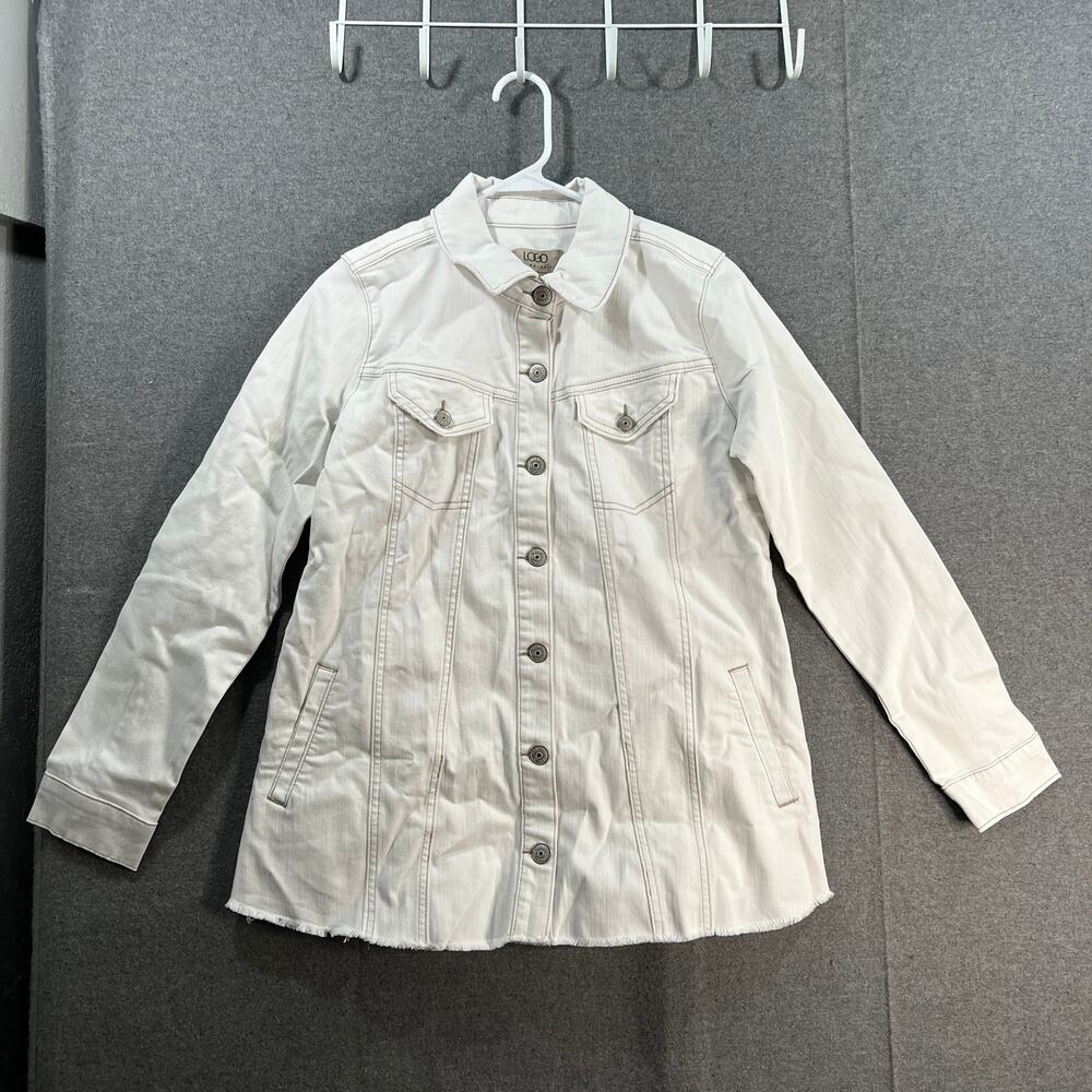 LOGO by Lori Goldstein Denim Jacket with Fraved Hen White Size 4